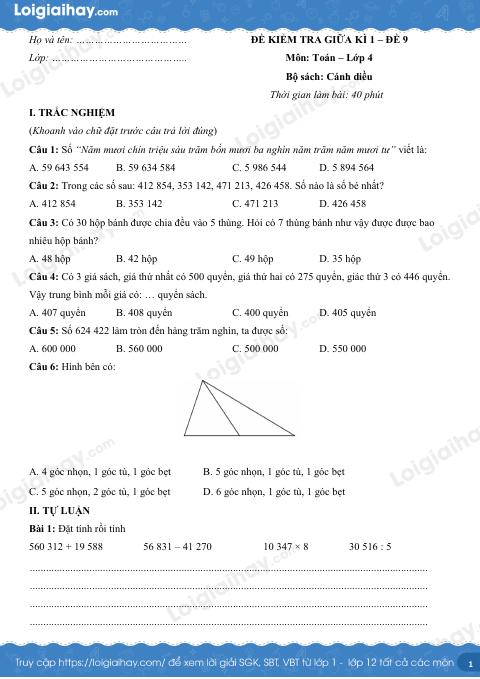 Đề kiểm tra giữa học kì 1 Toán 4 Cánh diều - Đề số 9